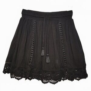 Boho Black Crochet Lace Mini Skirt XS Tassles A-line Whimsygoth Coquette Flowy